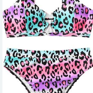 Women’s Swimsuit - Bikini, 2Piece, Cutout, High Waist - Multicolor Leopard-L-NWT